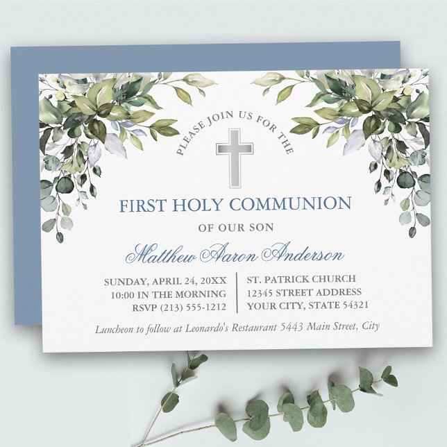 Invitation Watercolor Botanical Greenery Dusty Blue Communion (Customize to change text color, text style or color of back of card.)