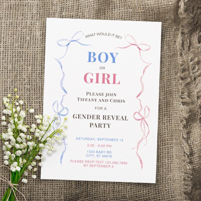 Invitation Watercolor Bows Baby Genre Reveal Party (Créateur téléchargé)