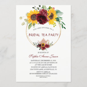 Invitation Watercolor Burgundy Sunflower Bride Tea Party