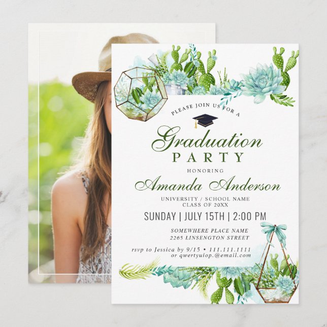 Invitation Watercolor Cactus Eucalyptus Graduation Party (Devant / Derrière)