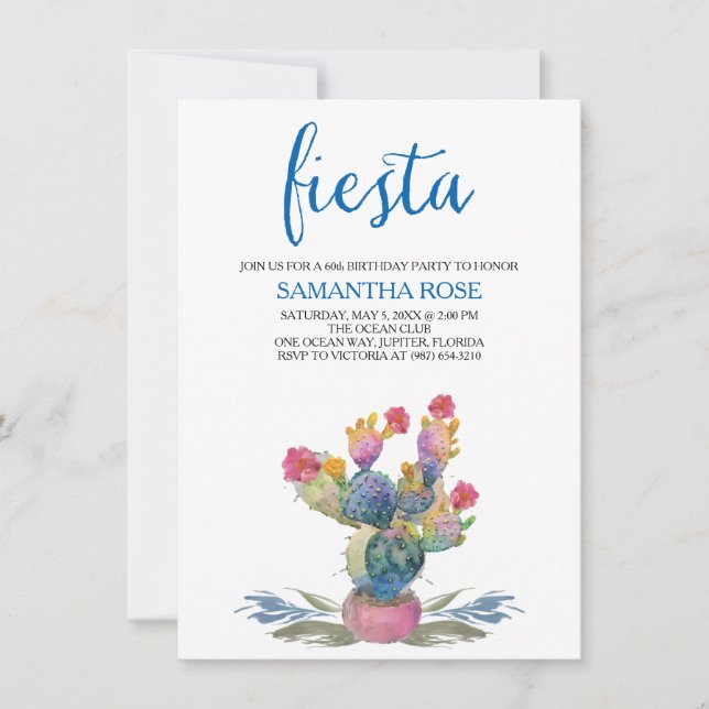 Invitation Watercolor Cactus Fiesta 60e anniversaire (Devant)