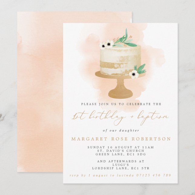 Invitation Watercolor Cake Girl's 1st Birthday & Baptism (Devant / Derrière)