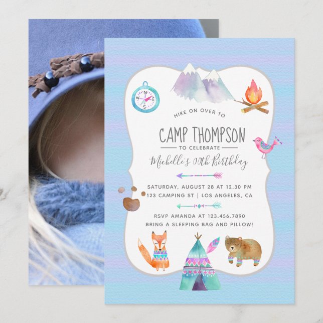 Invitation Watercolor Camping Anniversaire Fête Photo Invitat (Devant / Derrière)