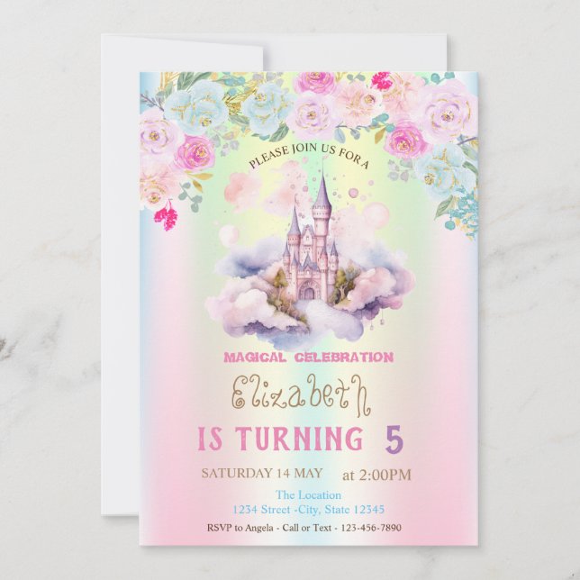 Invitation Watercolor Castle FIowers Iridescente Anniversaire (Devant)