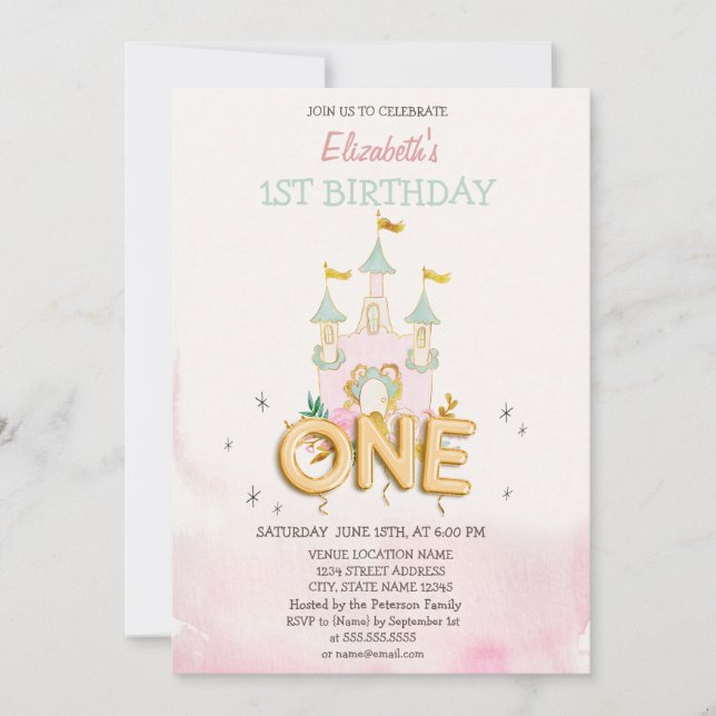 Invitation Watercolor Castle Flowers One 1st Birthday  (Devant)