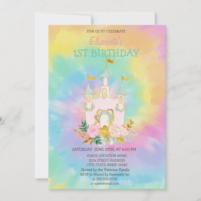 Invitation Watercolor Castle Flowers Tie Dye Anniversaire (Devant)