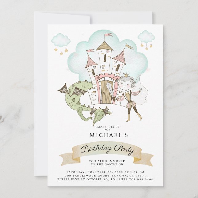 Invitation Watercolor Castle Prince Dragon Anniversaire (Devant)
