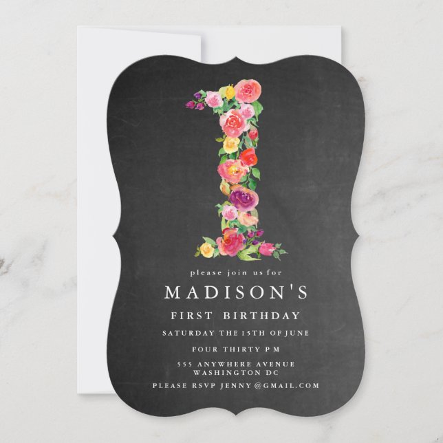 Invitation Watercolor Chalkboard Girls 1st Birthday Invitatio (Devant)