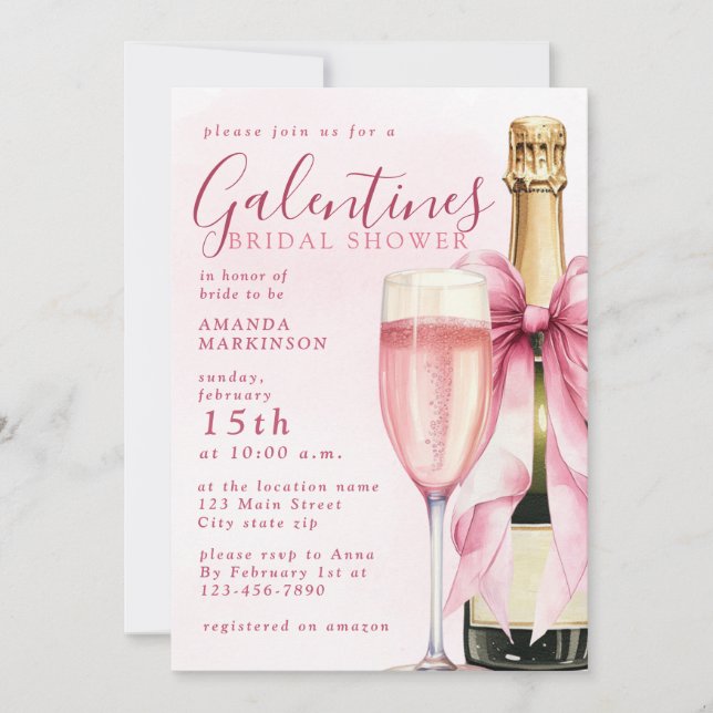Invitation Watercolor Champagne Galentines Bridal Shower (Devant)