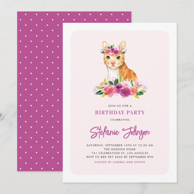 Invitation Watercolor Chat Floral Anniversaire de enfant Invi (Devant / Derrière)