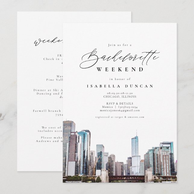 Invitation Watercolor Chicago Bachelorette Itinéraire et (Devant / Derrière)