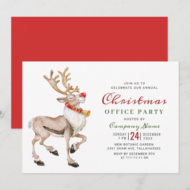 Invitation Watercolor Christmas Reindee Fête de Noël (Devant / Derrière)