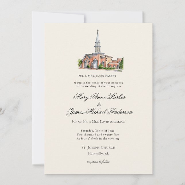 Invitation Watercolor Church Traditional Wedding (Devant)