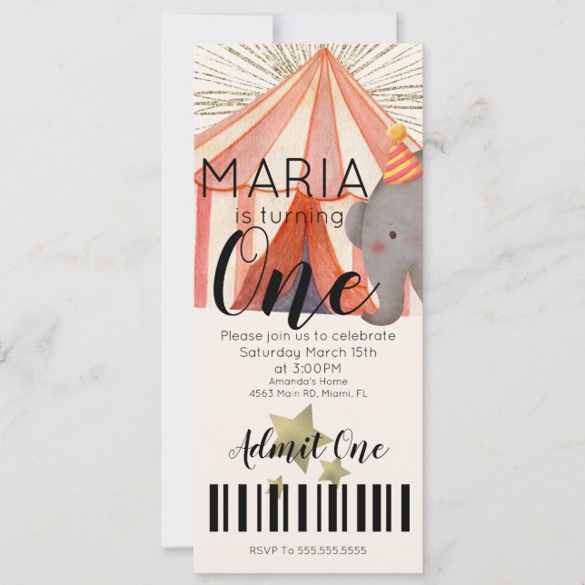 Invitation Watercolor Circus Premier anniversaire Billet Part (Devant)