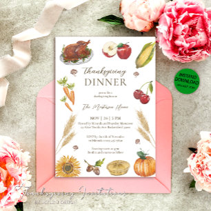 Invitation Watercolor Citrouille Pie Turquie Thanksgiving Dîn