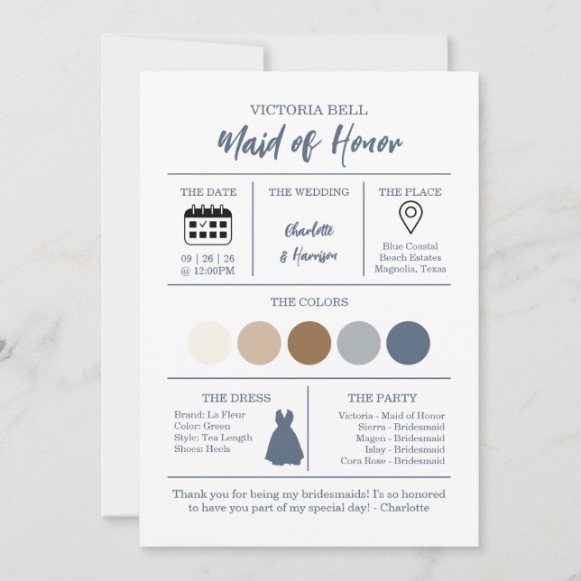 Invitation Watercolor Coastal Bridesmaid Information Card (Devant)