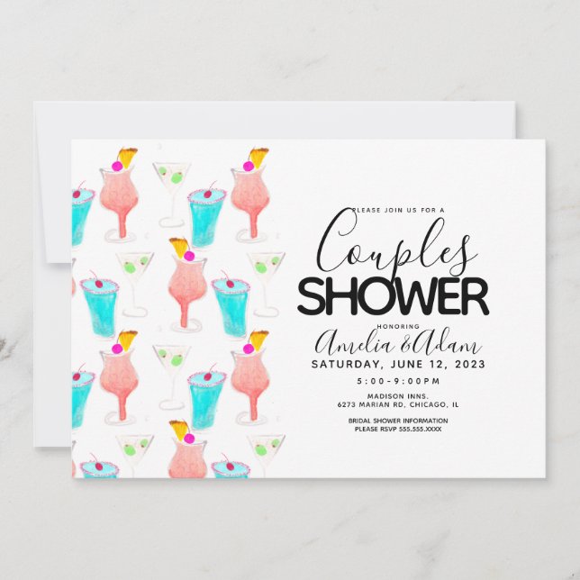 Invitation Watercolor Cocktail Painted Couples Shower Événeme (Devant)