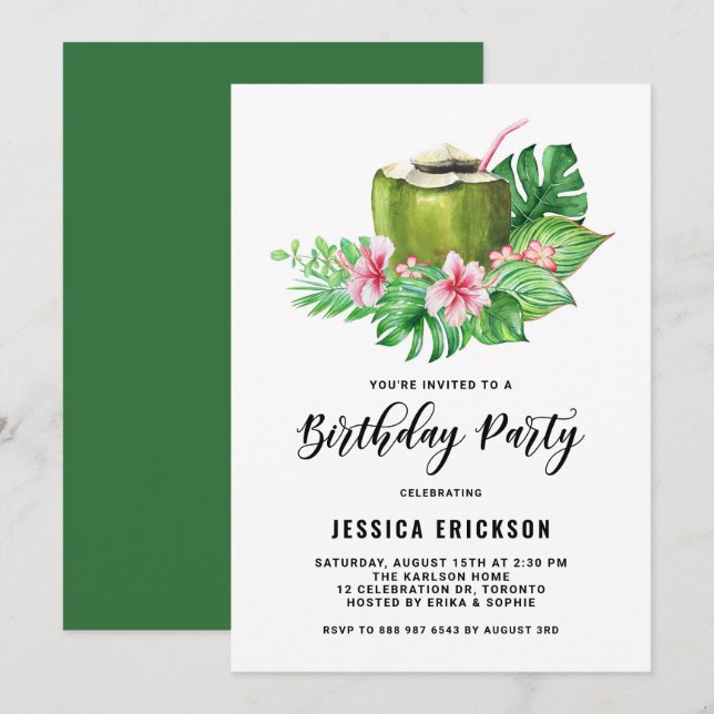 Invitation Watercolor Cocout Tropical Summer Anniversaire Par (Devant / Derrière)