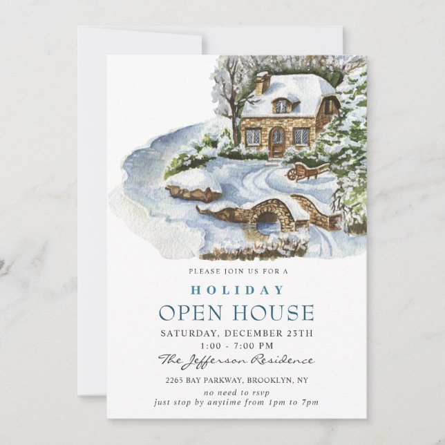 Invitation Watercolor Country Holiday Christmas Open House (Devant)
