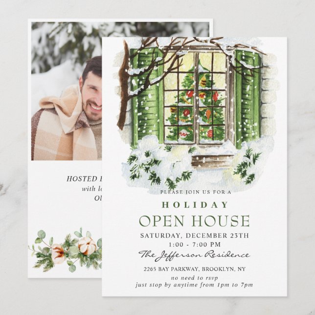 Invitation Watercolor Country Holiday Christmas Open House (Devant / Derrière)