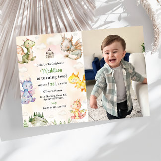 Invitation Watercolor Cute Dragon 1ère fête d'anniversaire Ph