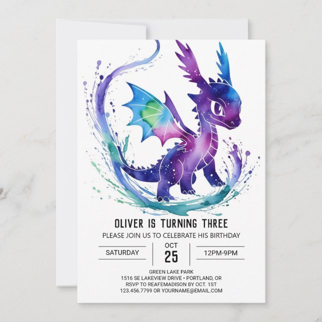 Invitation Watercolor Cute Dragon Digital Boy Anniversaire (Devant)
