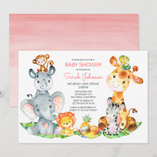 Invitation Watercolor Cute Safari Jungle Baby shower fille