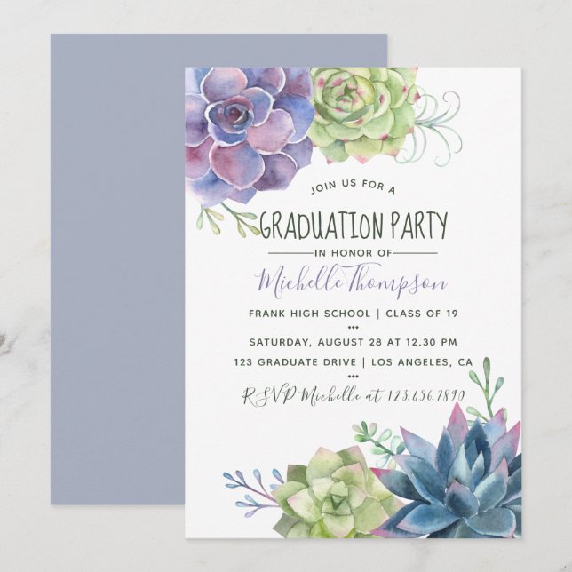 Invitation Watercolor Desert Cactus Succulents Graduation (Devant / Derrière)