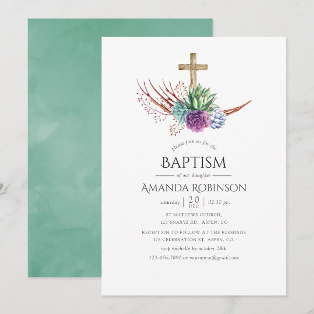 Invitation Watercolor Desert Succulent Baptême ou Christening (Devant / Derrière)
