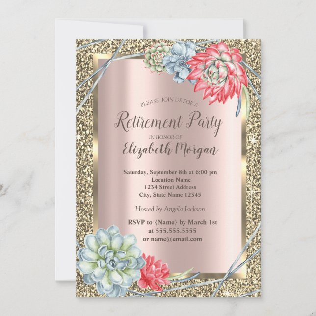 Invitation Watercolor Desert Succulents Rose Gold Retraite (Devant)