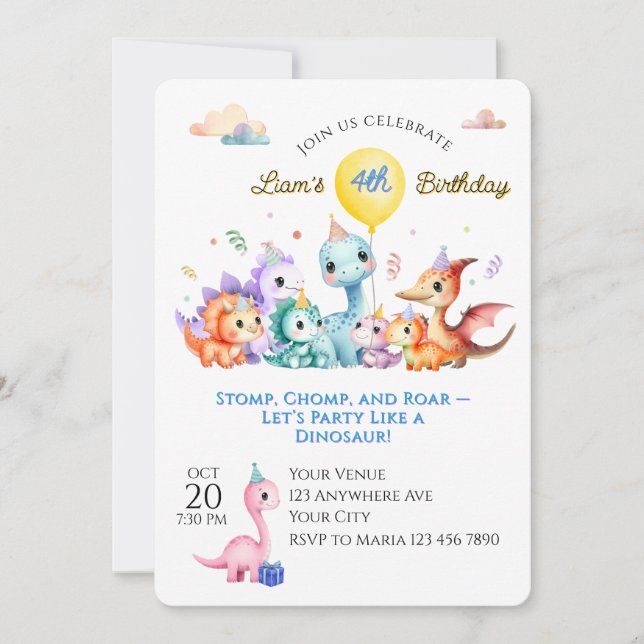 Invitation Watercolor Dino Birthday Party (Devant)