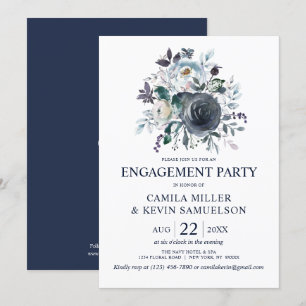 Invitation Watercolor Dusty Blue Navy Floral Engagement Party