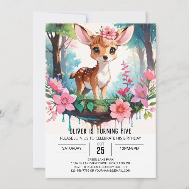 Invitation Watercolor Editable Deer Girl Anniversaire (Devant)