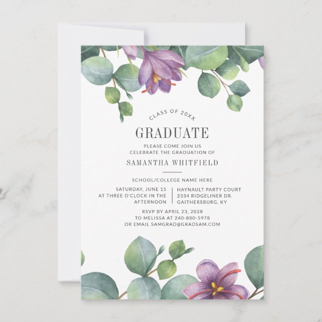 Invitation Watercolor Eucalyptus 2025 Graduation Party (Devant)