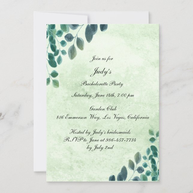 Invitation Watercolor Eucalyptus Feuille Bachelorte Party (Devant)