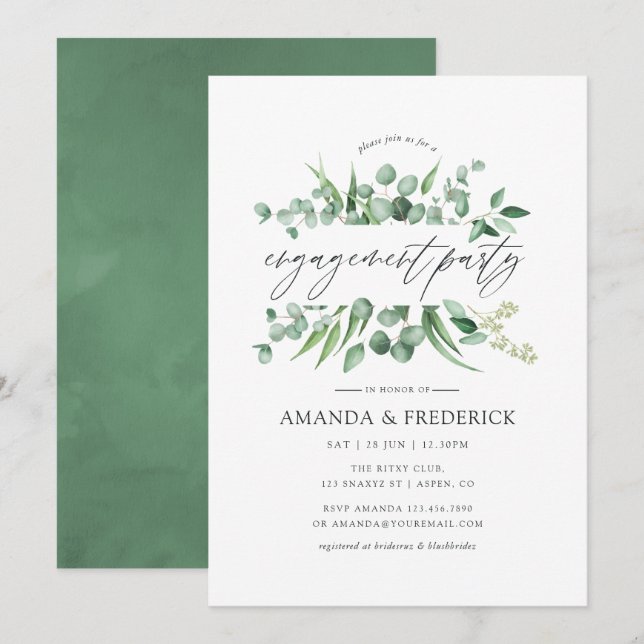 Invitation Watercolor Eucalyptus Green Engagement Party (Devant / Derrière)