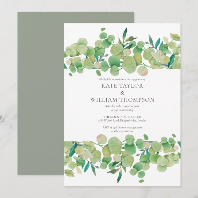 Invitation Watercolor Eucalyptus Green Engagement Party (Devant / Derrière)