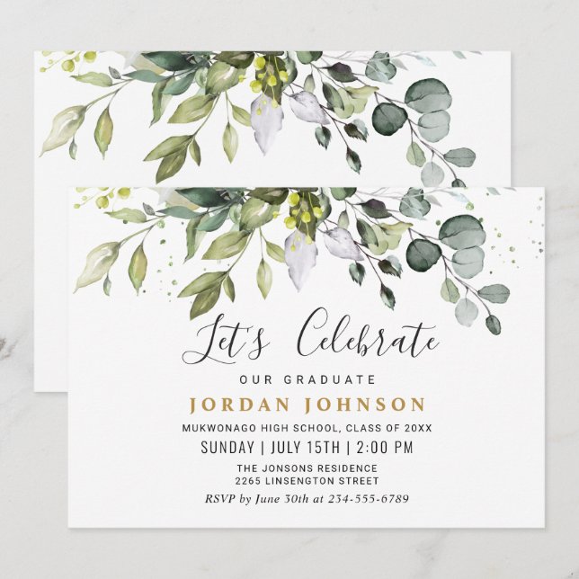 Invitation Watercolor Eucalyptus Green Graduation Party (Devant / Derrière)