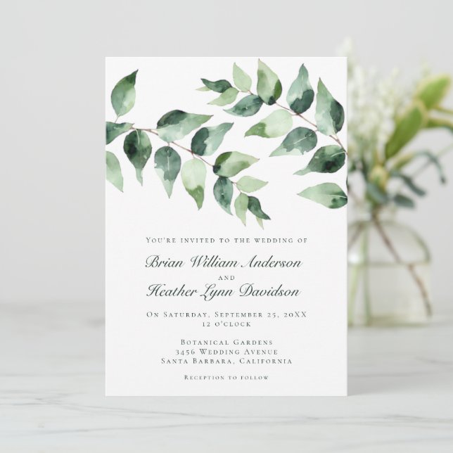 Invitation Watercolor Eucalyptus Wedding | White (Debout devant)