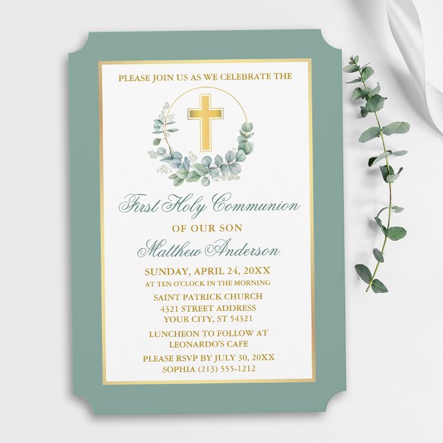 Invitation Watercolor Eucalyptus Wreath Gold Communion (Customize to change text color, text style or color of back of card.)