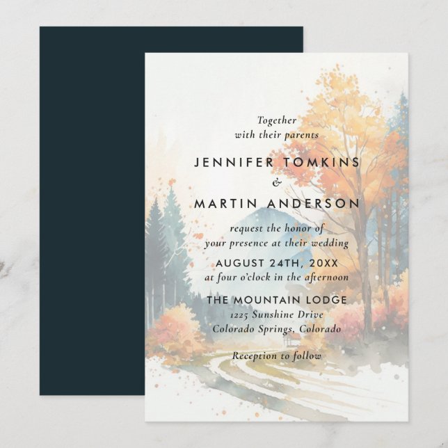 Invitation Watercolor Fall Mountain Mariage forestier (Devant / Derrière)