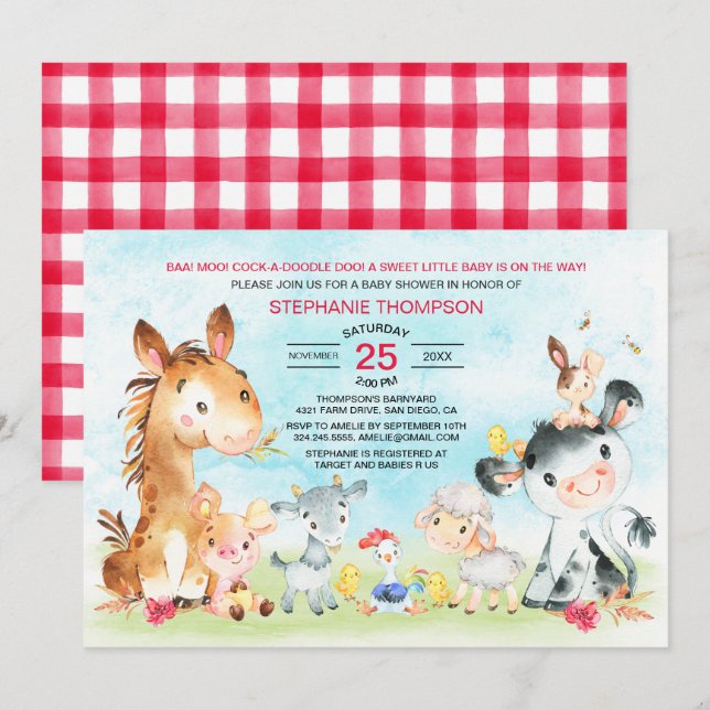 Invitation Watercolor Farm Animaux Fille Baby shower (Devant / Derrière)