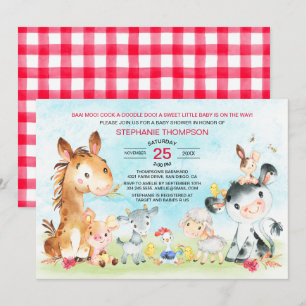 Invitation Watercolor Farm Animaux Fille Baby shower