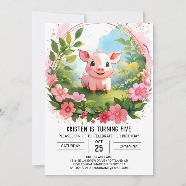 Invitation Watercolor Farmyard Delight Pig Girl Anniversaire (Devant)