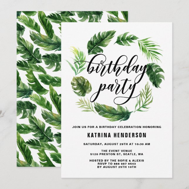 Invitation Watercolor Feuilles tropicaux Wreath fête d'annive (Devant / Derrière)