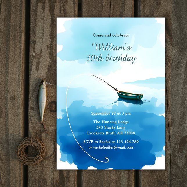 Invitation Watercolor Fishing Boat 30th Birthday Party (Fishing Boat Birthday Invitation for Men – Watercolor 30th Birthday Party Invite)