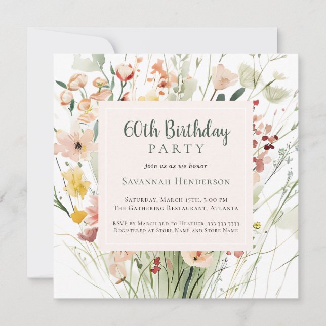 Invitation Watercolor Fleur sauvage 60e fête d'anniversaire (Devant)