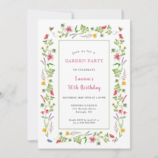 Invitation Watercolor Fleur sauvage Jardin Fête d'anniversair (Devant)