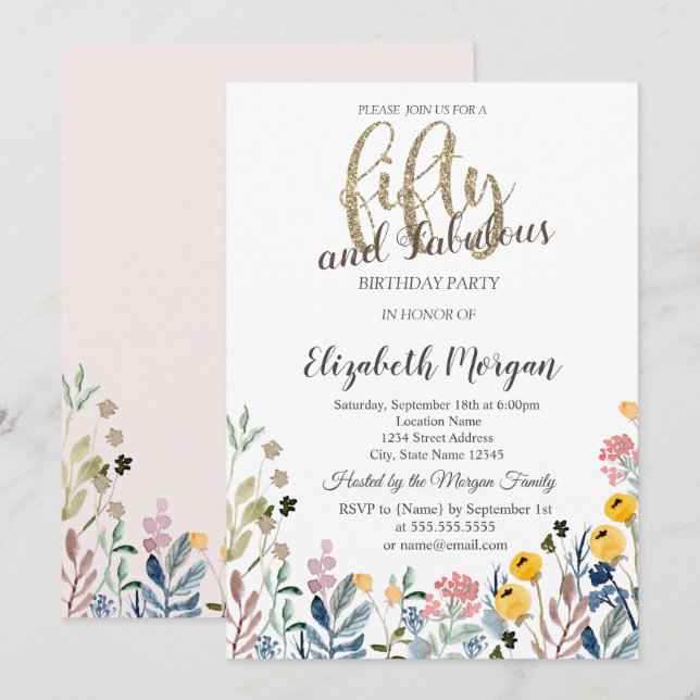 Invitation Watercolor Fleur sauvage Meadow 50e anniversaire (Devant / Derrière)