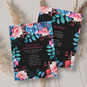 Invitation Watercolor Floral 50th Birthday Program Menu noir